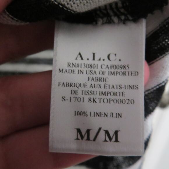 A.L.C. Womens Sz M Black White Striped Linen Short Sleeve Top Keyhole Back - Picture 6 of 6